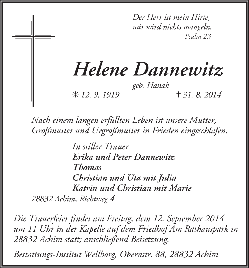 Traueranzeige von Helene Dannewitz von Achimer Kurier/Verdener Nachrichten