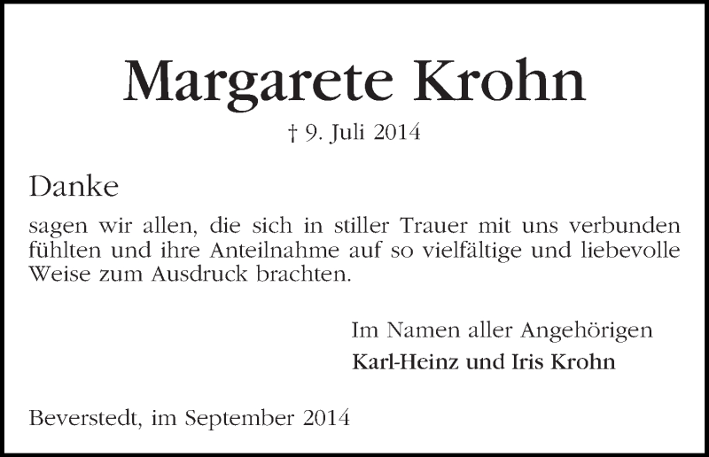 Traueranzeige von Margarete Krohn von WESER-KURIER