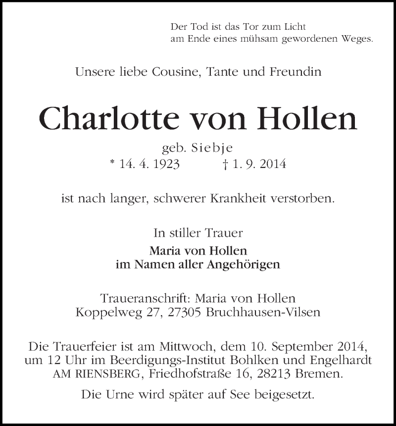 Traueranzeige von Charlotte von Hollen von WESER-KURIER