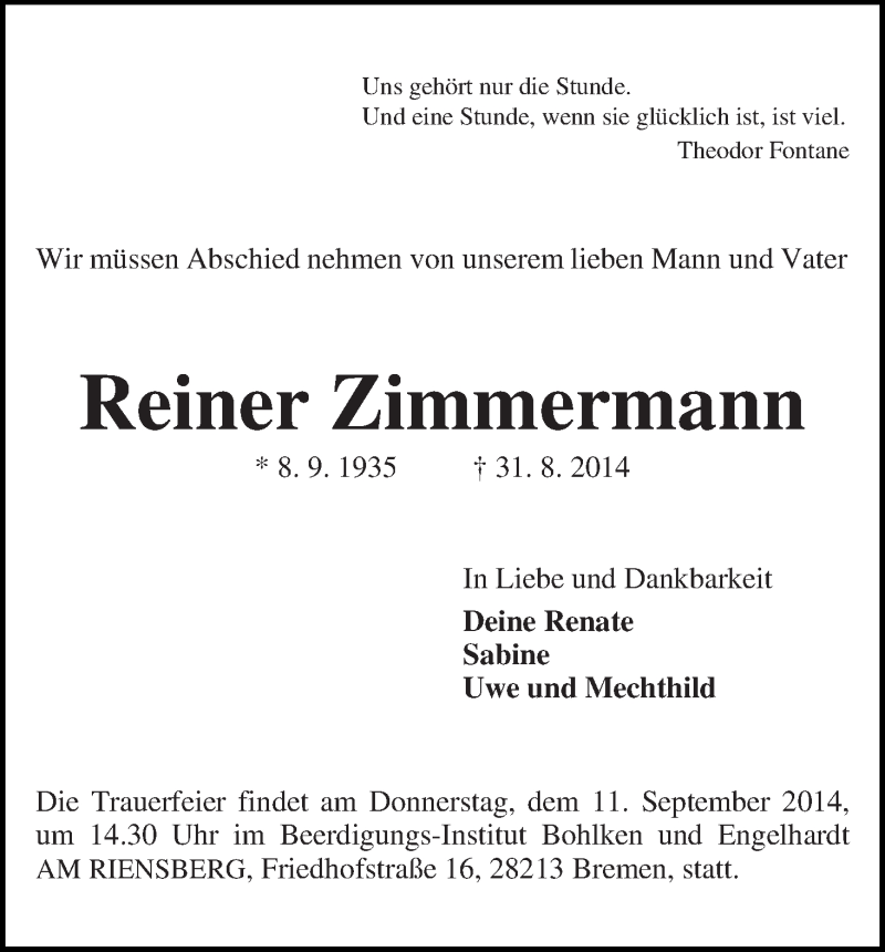 Traueranzeige von Reiner Zimmermann von WESER-KURIER