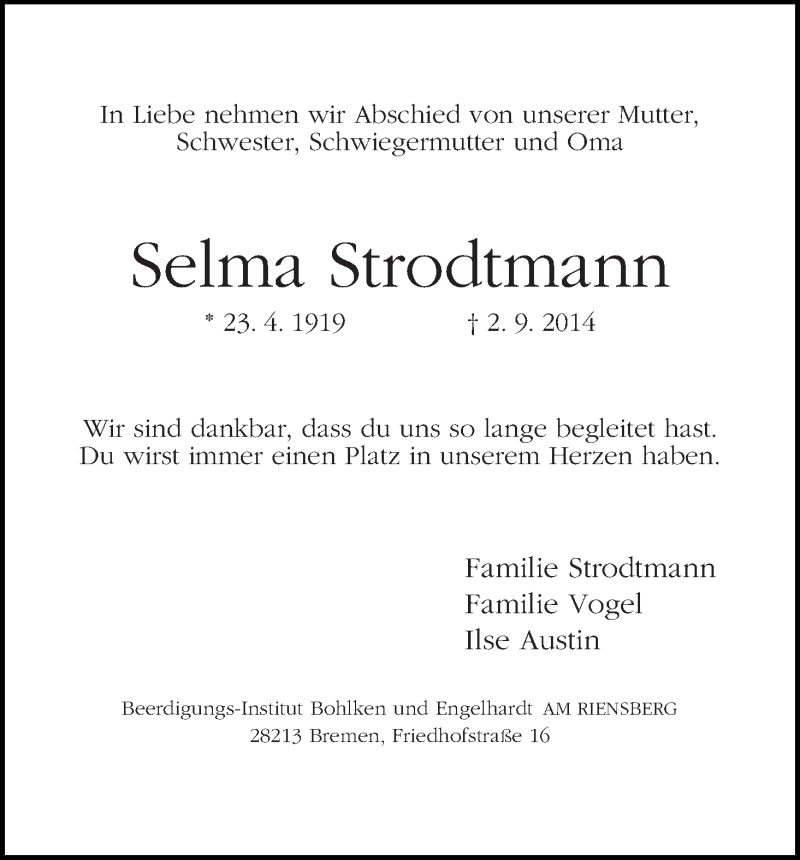 Traueranzeige von Selma Strodtmann von WESER-KURIER