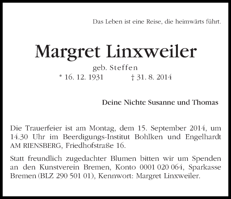 Traueranzeige von Margret Linxweiler von WESER-KURIER