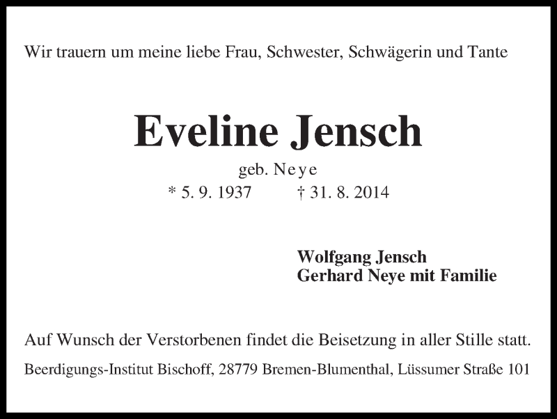 Traueranzeige von Eveline Jensch von WESER-KURIER
