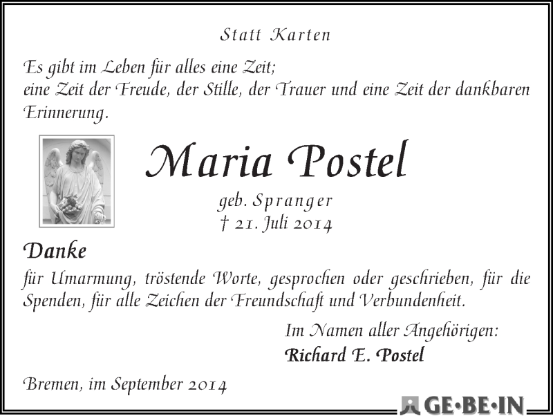 Traueranzeige von Maria Postel von WESER-KURIER