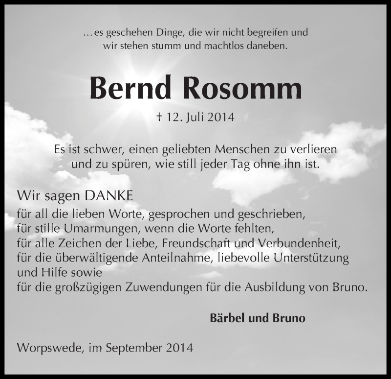 Traueranzeige von Bernd Rosomm von WESER-KURIER
