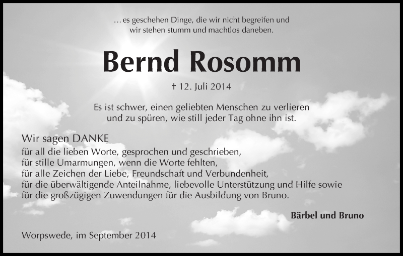 Traueranzeige von Bernd Rosomm von Wuemme Zeitung