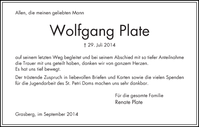 Traueranzeige von Wolfgang Plate von Wuemme Zeitung