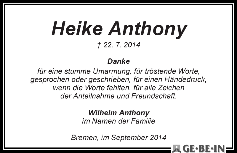 Traueranzeige von Heike Anthony von WESER-KURIER