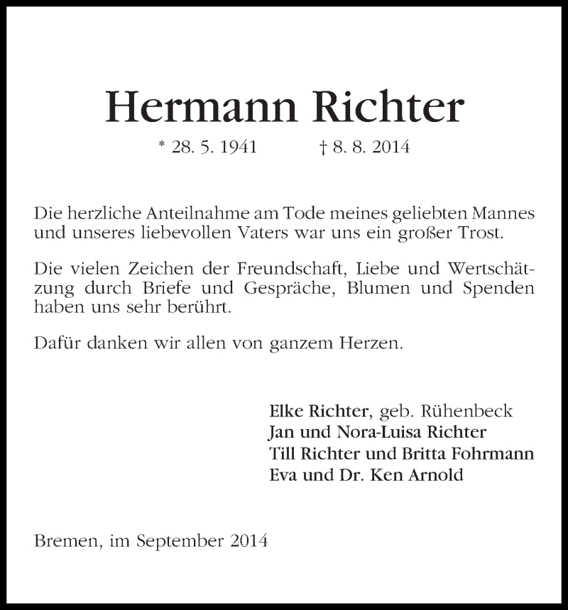 Traueranzeige von Hermann Richter von WESER-KURIER