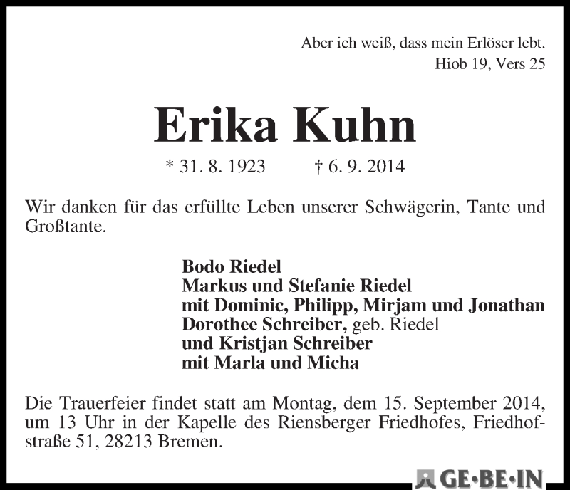 Traueranzeige von Erika Kuhn von WESER-KURIER