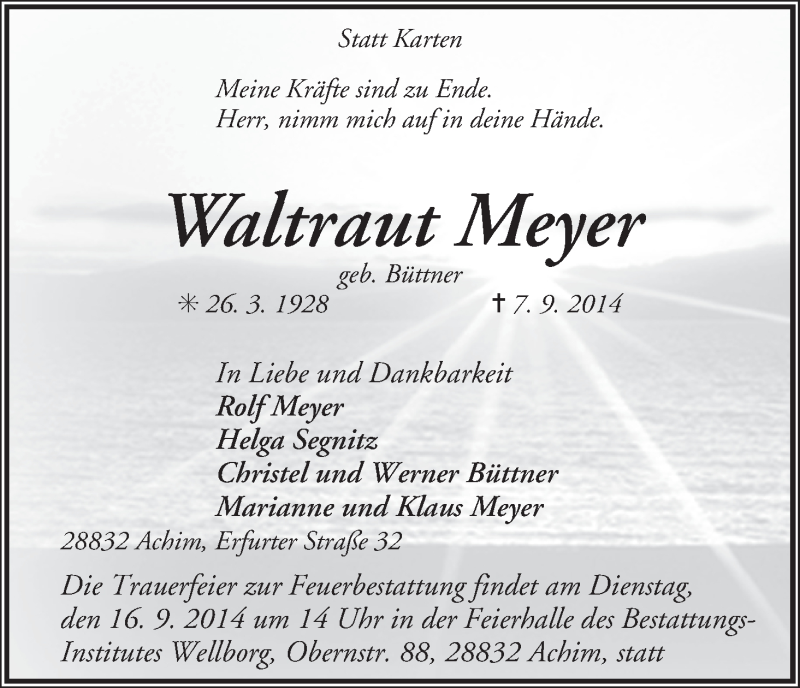 Traueranzeige von Waltraut Meyer von Achimer Kurier/Verdener Nachrichten