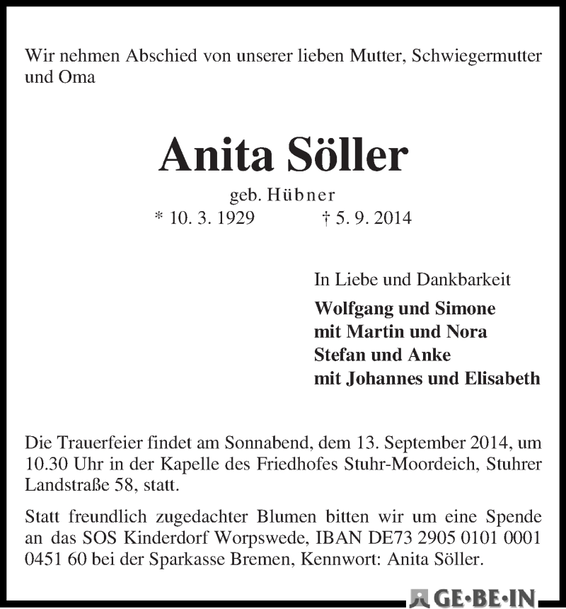 Traueranzeige von Anita Söller von WESER-KURIER