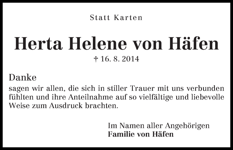 Traueranzeige von Herta Helene von Häfen von WESER-KURIER