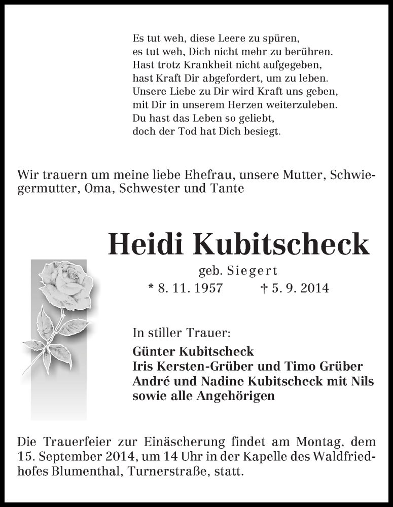Traueranzeige von Heidi Kubitschek von Die Norddeutsche