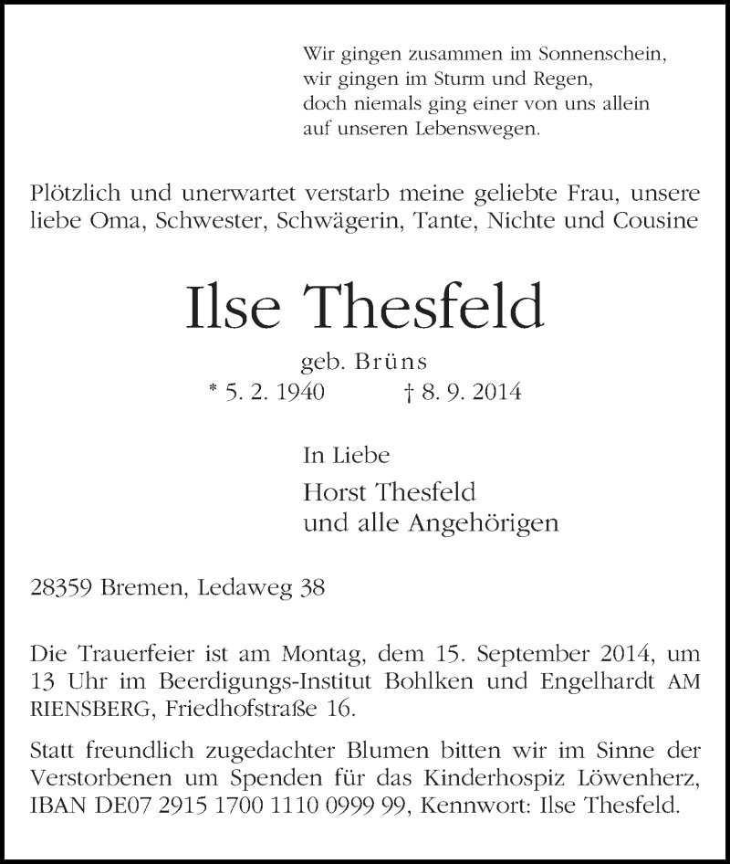 Traueranzeige von Ilse Thesfeld von WESER-KURIER