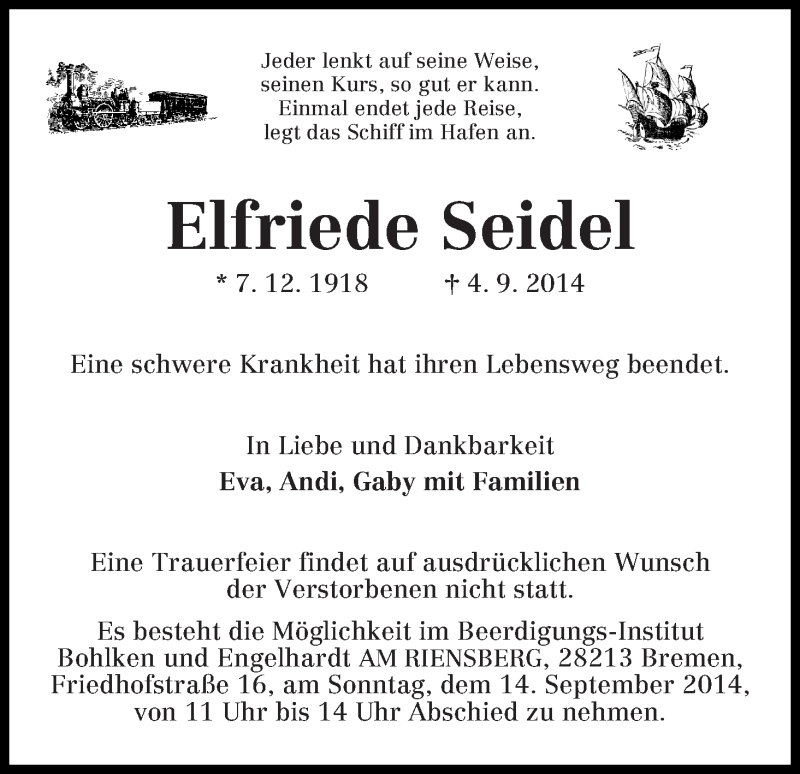 Traueranzeige von Elfriede Seidel von Osterholzer Kreisblatt