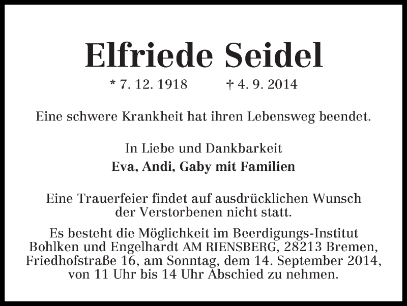 Traueranzeige von Elfriede Seidel von WESER-KURIER
