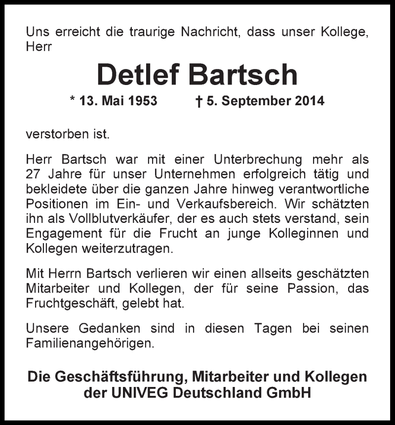 Traueranzeige von Detlef Bartsch von WESER-KURIER