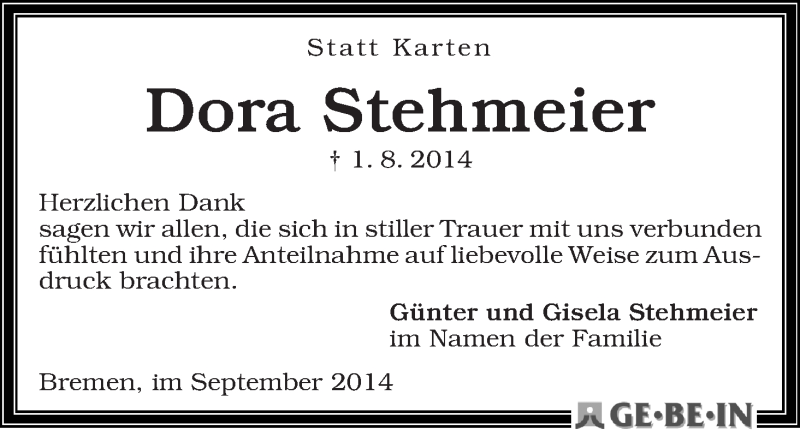 Traueranzeige von Dora Stehmeier von WESER-KURIER