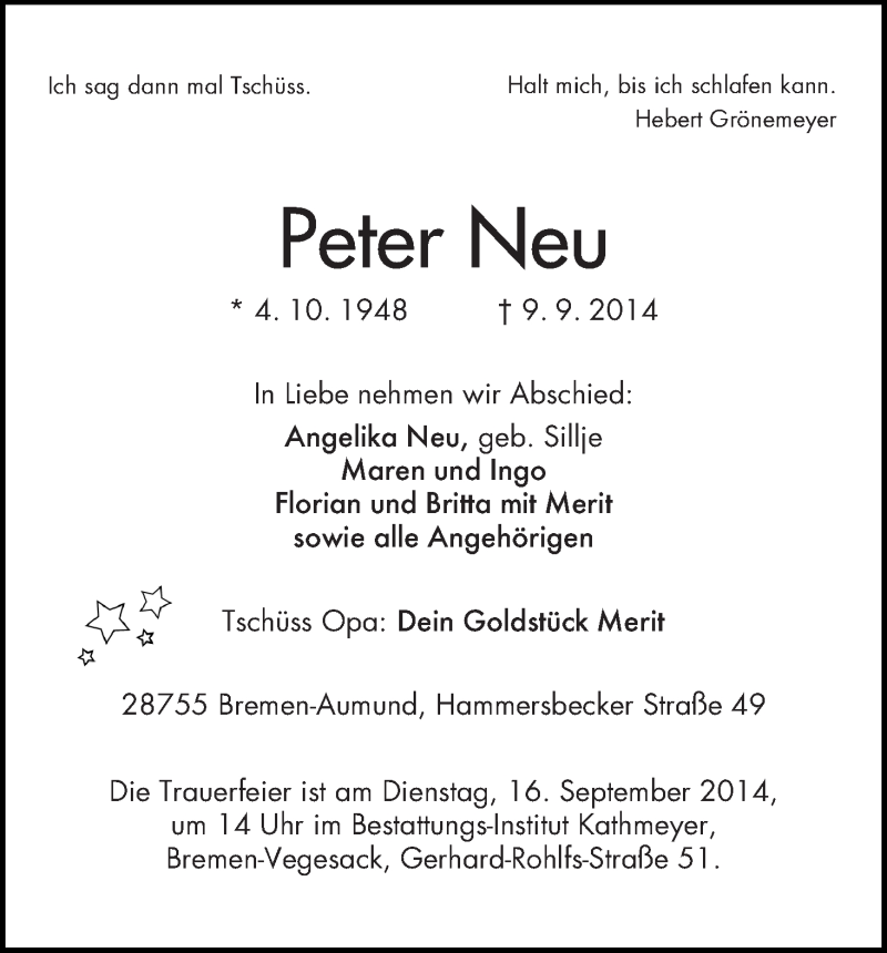 Traueranzeige von Peter Neu von Die Norddeutsche