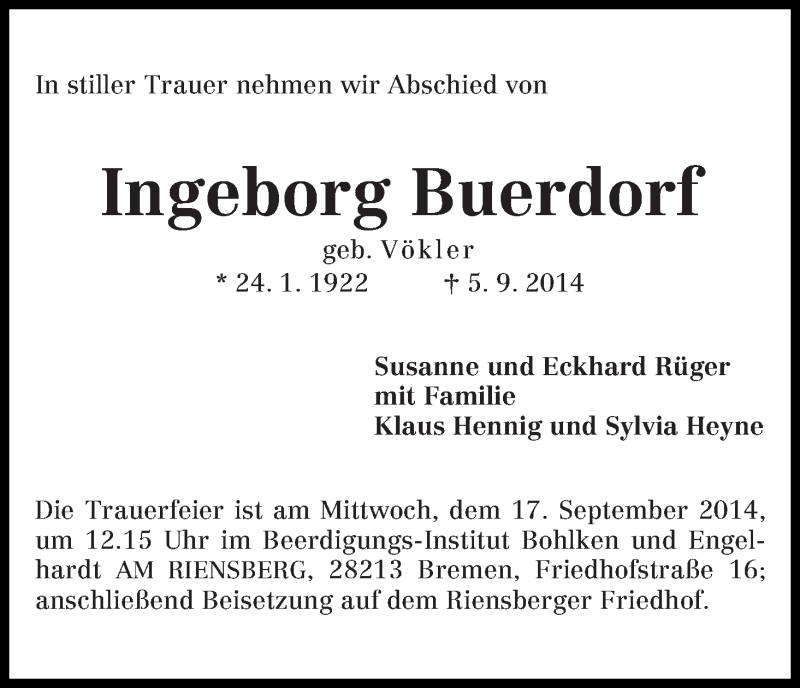 Traueranzeige von Ingeborg Buerdorf von WESER-KURIER