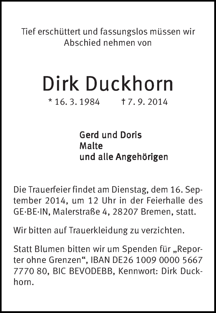 Traueranzeige von Dirk Duckhorn von WESER-KURIER