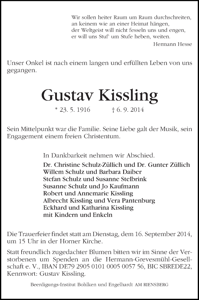 Traueranzeige von Gustav Kissling von WESER-KURIER