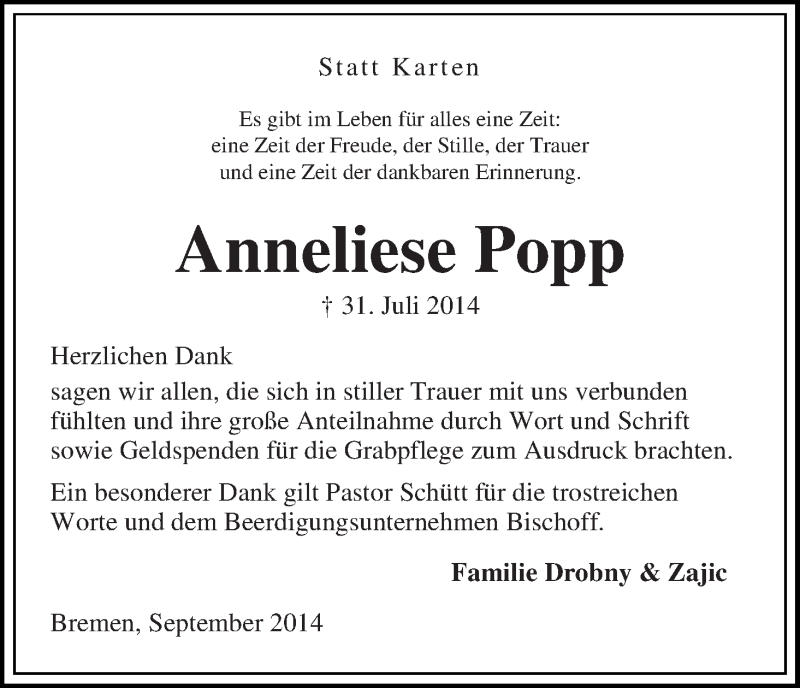 Traueranzeige von Anneliese Popp von Die Norddeutsche