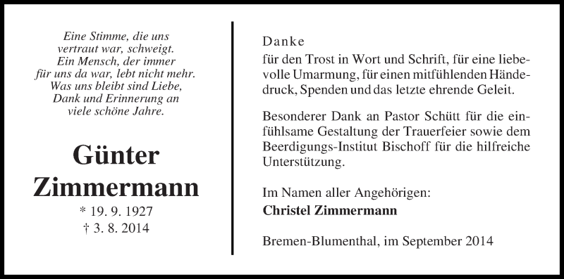 Traueranzeige von Günter Zimmermann von Die Norddeutsche