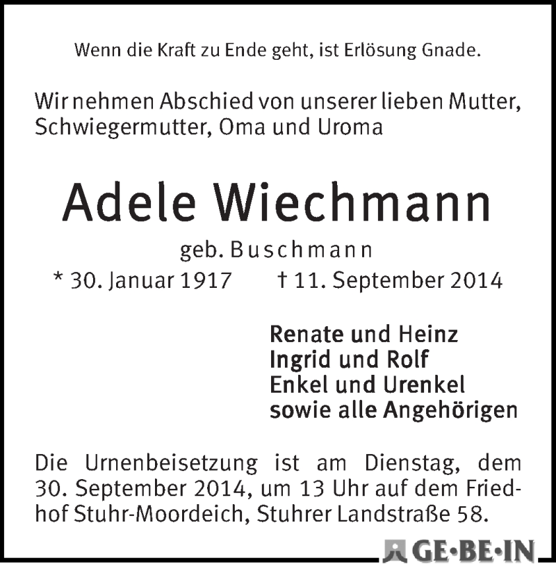 Traueranzeige von Adele Wiechmann von WESER-KURIER
