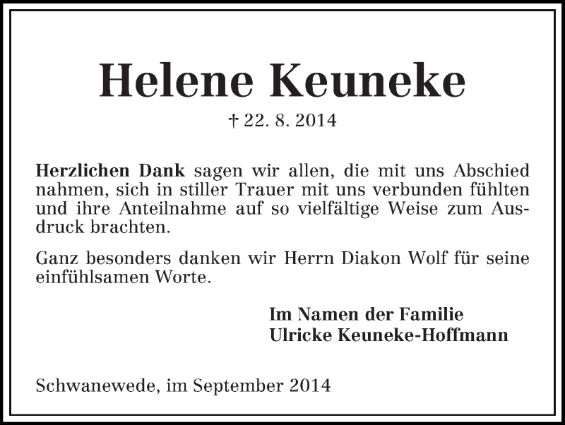 Traueranzeige von Helene Keuneke von Die Norddeutsche