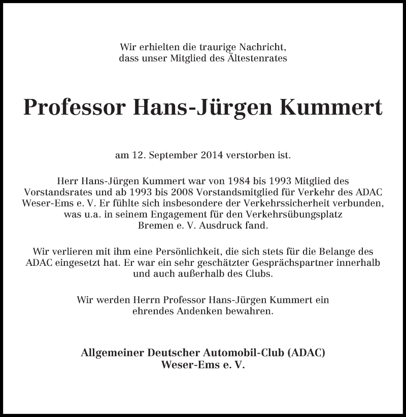 Traueranzeige von Hans-Jürgen Kummert von WESER-KURIER