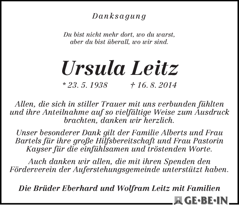 Traueranzeige von Ursula Leitz von WESER-KURIER