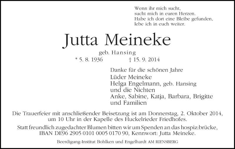 Traueranzeige von Jutta Meineke von WESER-KURIER