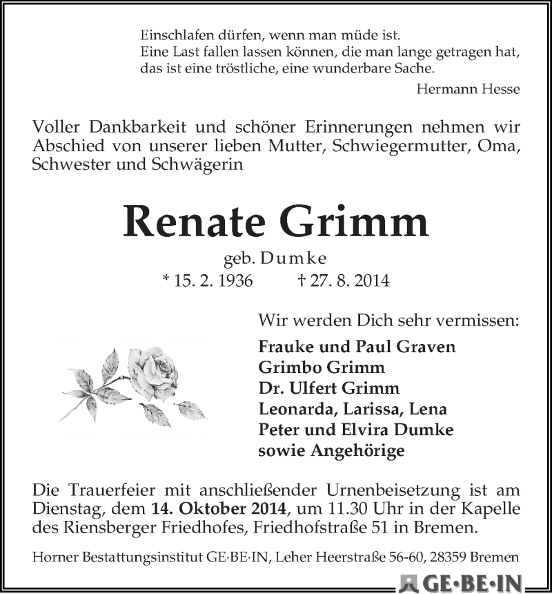 Traueranzeige von Renate Grimm von WESER-KURIER