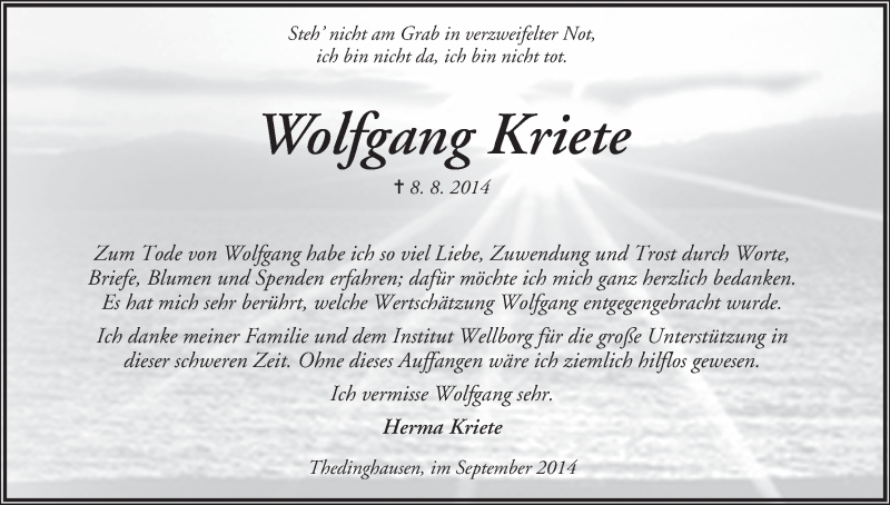 Traueranzeige von Wolfgang Kriete von WESER-KURIER