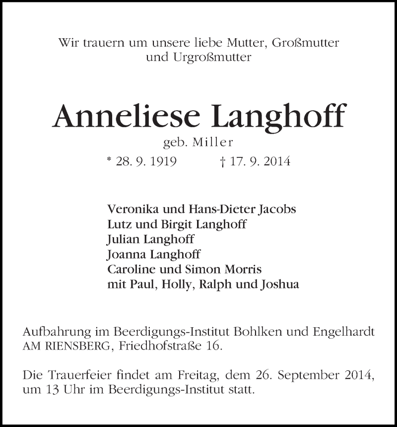 Traueranzeige von Anneliese Langhoff von WESER-KURIER
