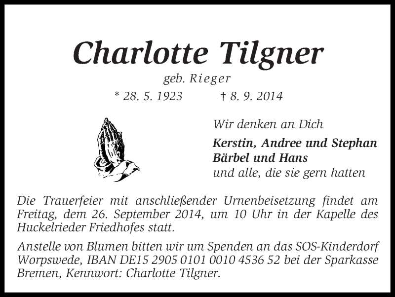 Traueranzeige von Charlotte Tilgner von WESER-KURIER