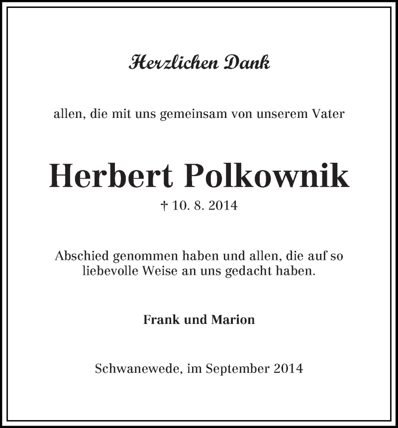 Traueranzeige von Herbert Polkownik von Die Norddeutsche