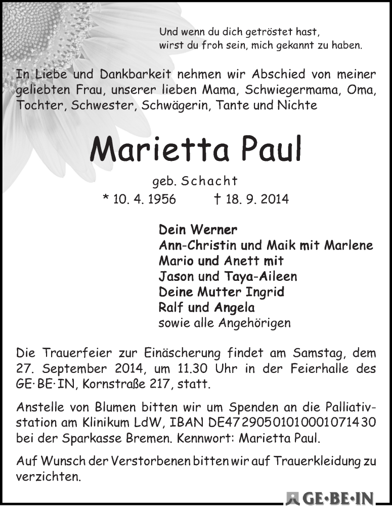 Traueranzeige von Marietta Paul von WESER-KURIER