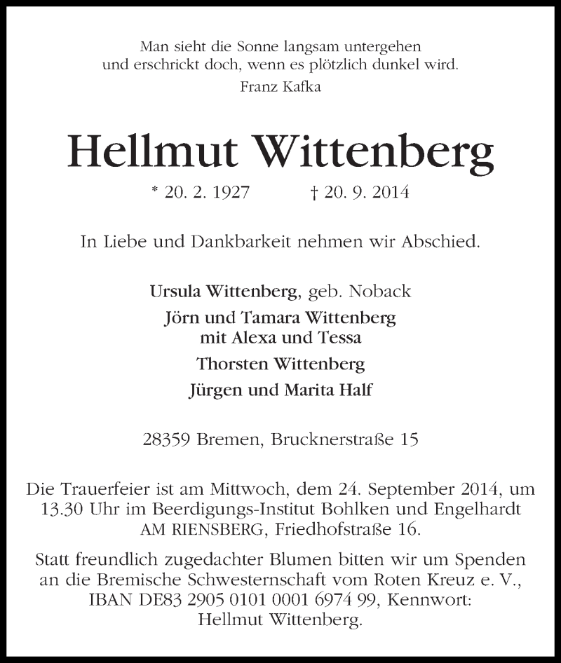 Traueranzeige von Hellmut Wittenberg von WESER-KURIER