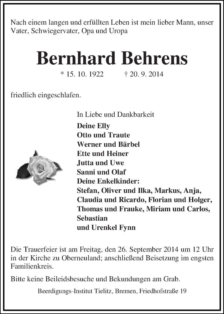 Traueranzeige von Bernhard Behrens von WESER-KURIER