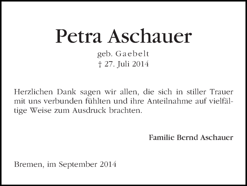 Traueranzeige von Petra Aschauer von WESER-KURIER