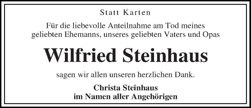 Traueranzeige von Wilfried Steinhaus von WESER-KURIER
