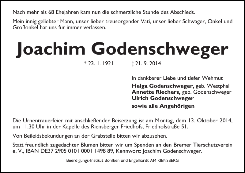 Traueranzeige von Joachim Godenschweger von WESER-KURIER