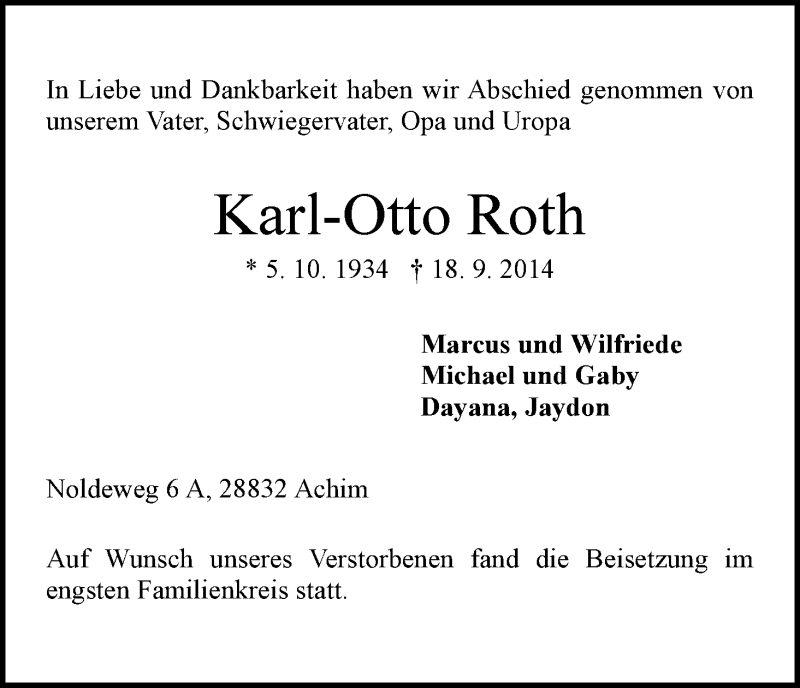 Traueranzeige von Karl-Otto Roth von WESER-KURIER