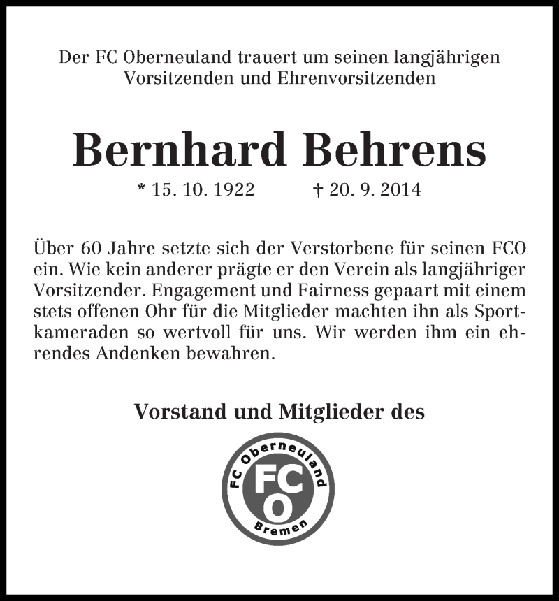 Traueranzeige von Bernhard Behrens von WESER-KURIER