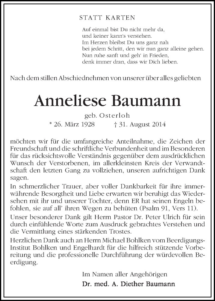 Traueranzeige von Anneliese Baumann von WESER-KURIER