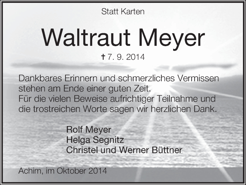 Traueranzeige von Waltraut Meyer von Achimer Kurier/Verdener Nachrichten