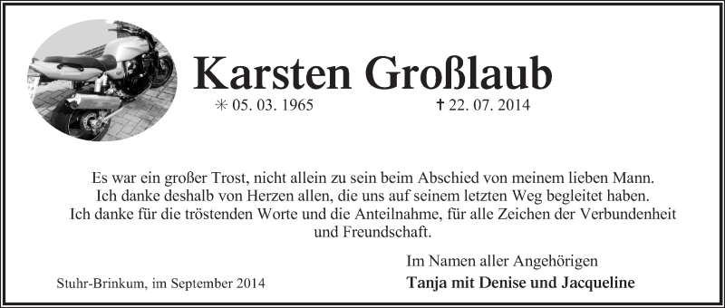 Traueranzeige von Karsten Großlaub von Regionale Rundschau/Syker Kurier